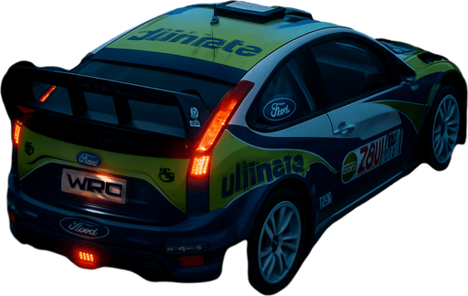 Photorealistic Ford Focus RS WRC 2008 Rallycar in nightlight, drone topview from back and 45 degrees angle in top right corner
