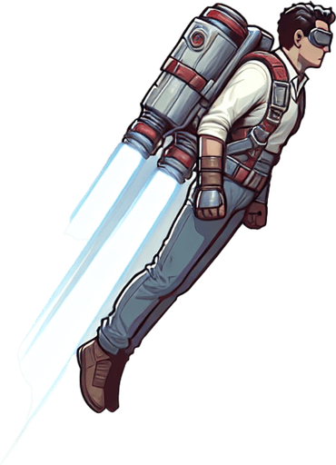 Person flying with jetpack with color.
Single Game Texture.  In-Game asset.  2d.  Blank background.  High contrast.  No shadows