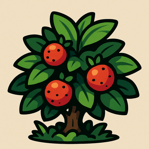 a berry bush with a phew yummy berries on it.
In-Game asset.  2d.  High contrast.  No shadows