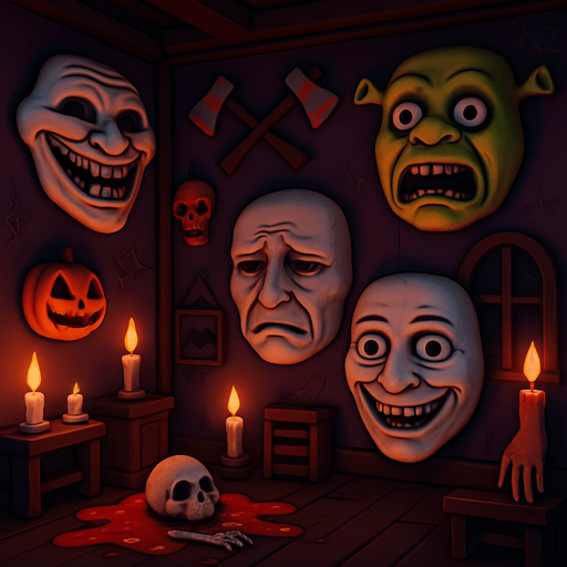 3D Scary room with many 3D decorations around, 3D scary masks of memes around it.
In-Game asset.  3D.  High contrast.  No shadows. no jesus cross. no star of 6. no start of 5. no devil. HD colors