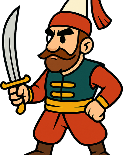 Animasyon çizgi dizi tarzında elinde kılıç olan bir osmanlı yeniçerisi.
In-Game asset.  2d.  High contrast.  No shadows