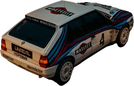 Photorealistic Lancia Delta Rallycar in nightlight, drone topview from back and 45 degrees angle in top right corner
