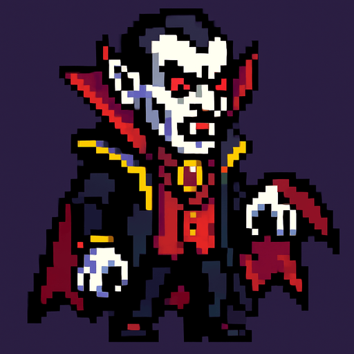 Vampire baron evil pixel.
In-Game asset.  2d.  High contrast.  No shadows