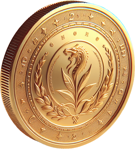 Gold coin.
Single Game Texture.  In-Game asset.  2d.  Blank background.  No shadows