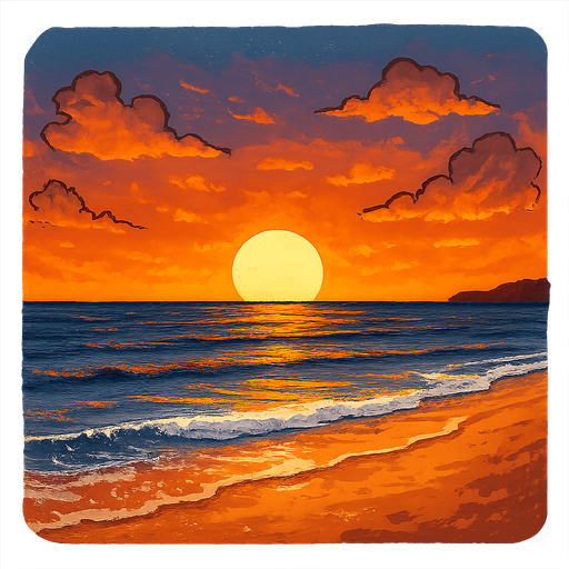 A sunset on a beach for a background.
Single Game Texture.  In-Game asset.  2d.  Blank background.  High contrast.  No shadows