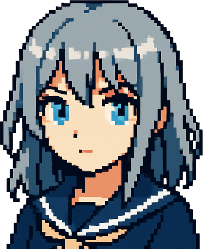 Beautiful anime-style girl with gray hair and light blue eyes. Game image. 2D. High contrast. No shadows. Pixel art..
In-Game asset.  2d.  High contrast.  No shadows