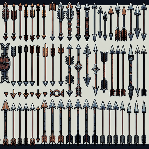 A spritesheet showing a number of different medieval or viking age arrows.
Single Game Texture. In-Game asset. 2d. Blank background. High contrast. No shadows.