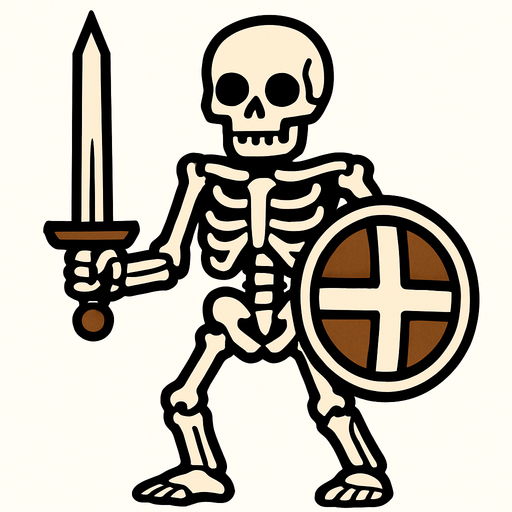 un esqueleto con espada y escudo.
In-Game asset.  2d.  High contrast.  No shadows