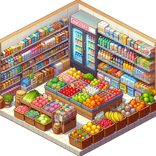 a grocery store.
Single Game Texture.  In-Game asset.  2d.  Blank background.  High contrast.  No shadows
