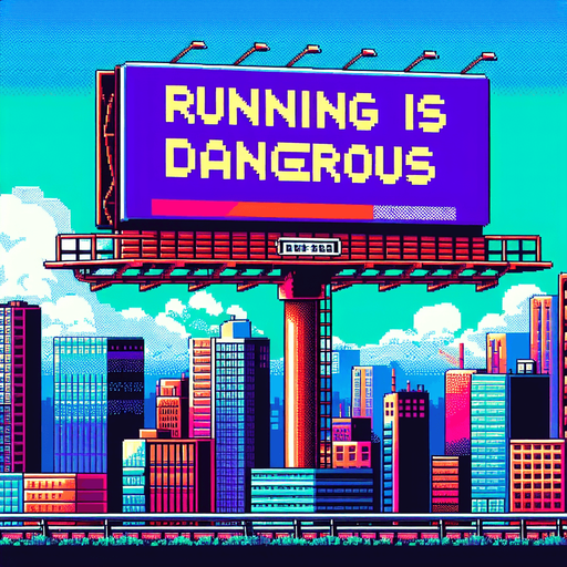 face view of billboard warning about "RUNNING IS DANGEROUS".
video game style