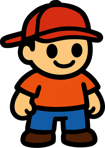 un muñeco con gorra y pantalones.
In-Game asset.  2d.  High contrast.  No shadows
