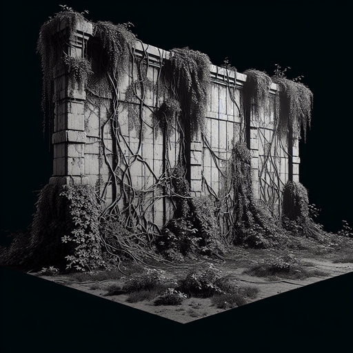 A barier wall with vines on it.
Single Game Texture.  In-Game asset.  2d.  Blank background.  High contrast.  No shadows