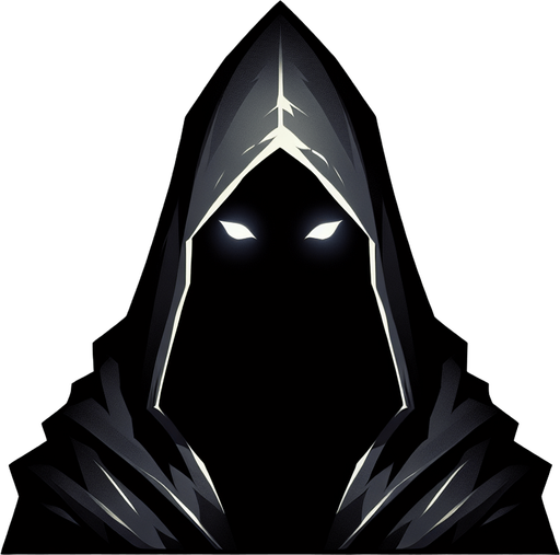 A stylized cloak hood casting a deep shadow, with only faint eyes or nothing visible within. Could also be a figure splitting into a solid version and a shadowy decoy..
Single Game Texture.  In-Game asset.  2d.  Blank background.  High contrast.  No shadows