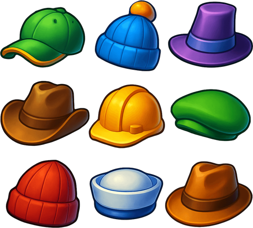 Pack of different hats.
In-Game asset.  High contrast.  No shadows. 3D