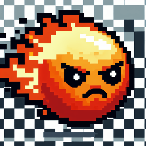 Fireball with angry face.
Single Game Texture. In-Game asset. 2d. Blank background. High contrast. No shadows. 8 bit