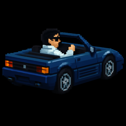 The hair color of the driver is black and he wears a futuristic white jacket. The car is dark blue