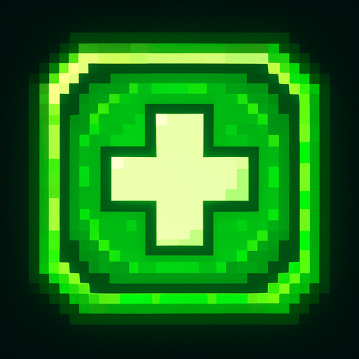 Pixel art of a green power-up icon with a heart or medical cross symbol inside. Represents healing in a 2D pixel arcade game. Glowing green, square icon.
In-Game asset.  2d.  High contrast.  No shadows