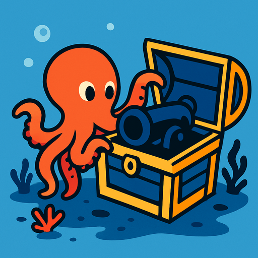 un pulpo naranja abriendo un cofre del tesoro donde encuentra en el fondo marino dentro de ese cofre un cañon nergro donde.
In-Game asset.  2d.  High contrast.  No shadows