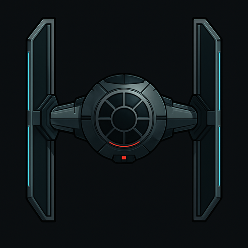 A clean and stylized top-down view of a futuristic sci-fi fighter inspired by classic space opera designs. The ship features a central cockpit sphere with two large vertical wing panels on each side, connected by sleek metallic arms. The design is symmetrical with dark gray and black tones, accented with subtle glowing blue or red highlights. The icon has sharp, simplified details for clarity at small sizes, with a dark background to enhance contrast. Square or circular format, 1024x1024 resolution, high detail, sci-fi concept art style. Original design, copyright-safe, evoking the essence of iconic space fighters..
In-Game asset.  2d.  High contrast.  No shadows
