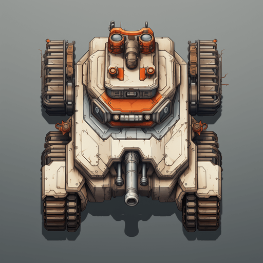 Tank seen from the top
Single Game Texture. In-Game asset. 2d. Pixelart. White background. Blank background. Low detail. High contrast.