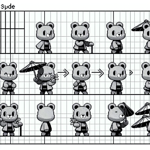 A spritesheet with a number of poses of a cartoonish bear cub with a sunshade, smiling, walking, waiting, standing, ordering, turning, etc. all seen from the side.The spritesheet should be laid out in a rectangular grid with clear space between each individual sprite. Each sprite in the sheet should be around 300x600 pixels in size..
Single Game Texture. In-Game asset. 2d. Blank background. High contrast. No shadows.