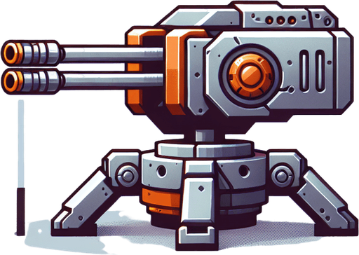 turret.
Single Game Texture. In-Game asset. 2d. Blank background. High contrast. No shadows.
less futuristic orange and silver colored shoots normal bullets two rifles