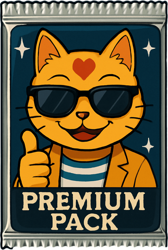 The orange cat from this picture looking straight forwards and smiling, holding out a thumbs up and looking over a pair of sunglasses on the front of a booster pack of collectible cards in plastic and seen from the front. The words “Premium Pack” on the pack underneath the picture. The plastic on the pack has a stars on it.