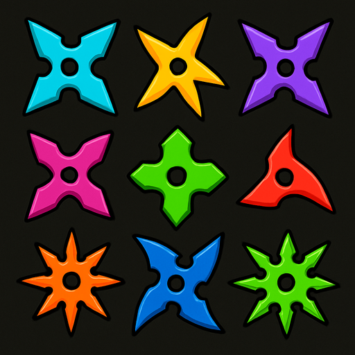 Pack of different ninja star. different color. HD colors.
In-Game asset.  2d.  High contrast.  No shadows