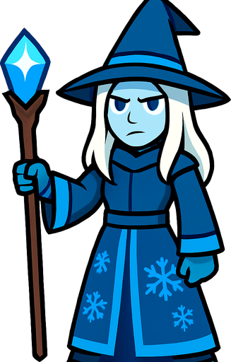 A female mage with pale skin, long white hair, wearing a long blue robe and a pointed blue hat, holding a glowing icy staff with a blue crystal, snowflake patterns on robe, cold expression, simple background, front-facing, no background, 2D game character.
In-Game asset.  2d.  High contrast.  No shadows