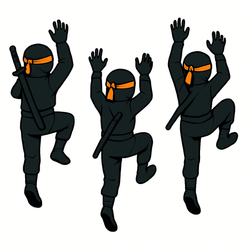 Different frames of Ninja climbing a ladder animation but without ladder, for full body of a ninja character, black color outfit, eyes bondage orange, have sword behind it. HD colors. facing the screen by its back side
In-Game asset.  2d.  High contrast.  No shadows