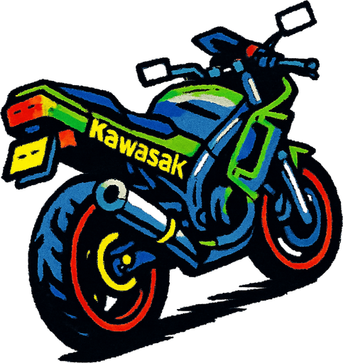 bir kawasaki motoru arkadan bakıldığında yukarıdan aşağıya gta2 tek oyun dokusu . oyun içi varlık. 2d. boş arka plan. yüksek kontrast. gölge yok.  motor perspektif olarak sağa yatık olsun.
In-Game asset.  2d.  High contrast.  No shadows