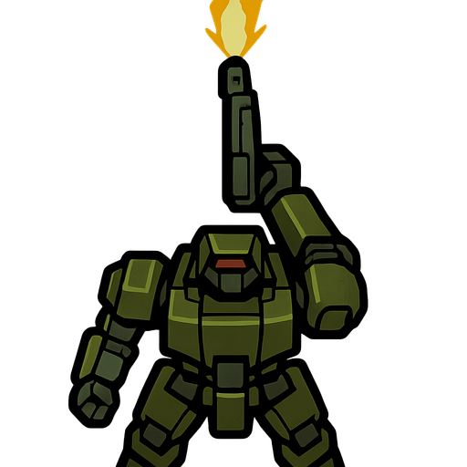 vertical top down style image. military robot shoot upwards front.
In-Game asset.  2d.  High contrast.  No shadows