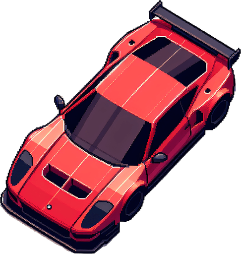 Top-down view of a sleek red sports car, clean and minimal pixel art style, 64x64 size, suitable for a mobile racing game".
Single Game Texture.  In-Game asset.  2d.  Blank background.  High contrast.  No shadows