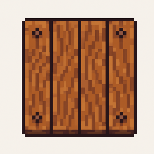 Vista cenital de una sola baldosa de puerta de madera, aislada, vista desde arriba, estilo pixel art 2D para videojuego, textura continua y repetible, sprite de 32x32. Sin manija, sin bisagras, sin marco, solo tablones de madera con clavos decorativos. Textura de vetas estilizadas. Arte estilo hecho a mano. Alto contraste, sin sombras. Sin fondo.