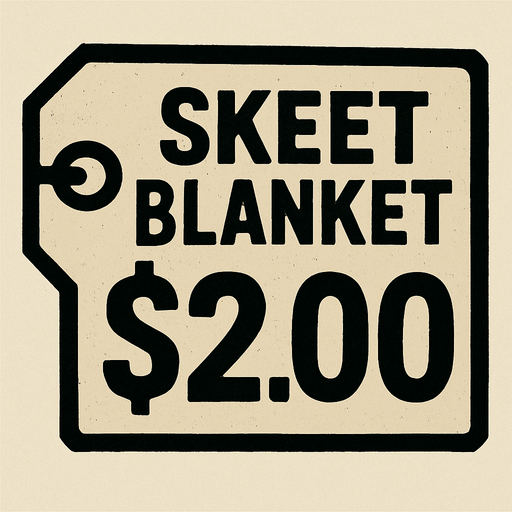 Price tag that says skeet blanket $2.00.
In-Game asset.  2d.  High contrast.  No shadows