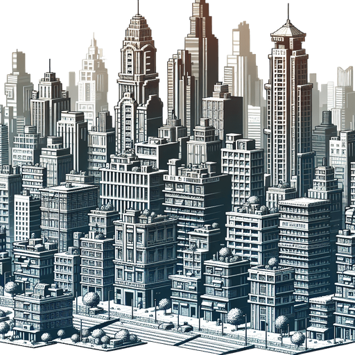 create a city with buidlings.
Single Game Texture.  In-Game asset.  2d.  Blank background.  High contrast.  No shadows