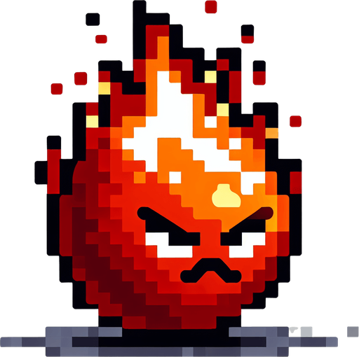 Fireball with angry face.
Single Game Texture. In-Game asset. 2d. Blank background. High contrast. No shadows. 8 bit