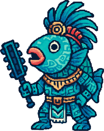 Generame un guerrero azteca con patrones, estilo pixelar, además será una Pez loro, con efectos de AGUA.
In-Game asset.  2d.  High contrast.  No shadows