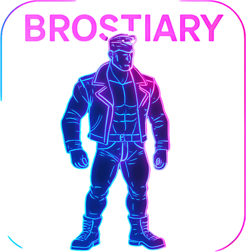Neon cyberpunk App icon BROSTIARY encyclopedia of black leather biker jacket longsleeves shirtless musxles pants boots hunk outline linework glowing 3d hologram flat