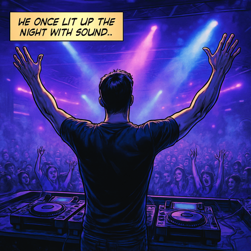 A realistic comic book style illustration, 2048x2048. From behind, DJ Noah stands on stage with arms raised, facing a cheering crowd. Neon lights in purples and blues flood the club. Spotlights, smoke, and a dynamic atmosphere. Add a semi-transparent narrator box in the top-left corner with the text: "He once lit up the night with sound..." in elegant comic book font..
In-Game asset.  2d.  High contrast.  No shadows