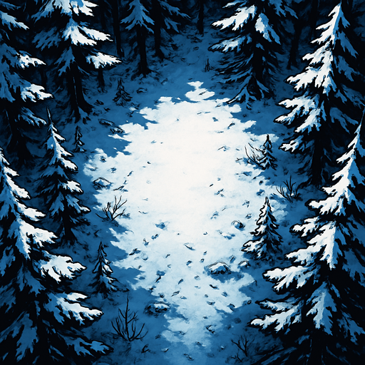 winter forest top view, trees on the edges empty in the middle.
In-Game asset.  High contrast