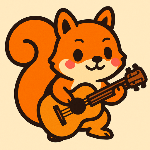 a cute squirrel with a gutair.
In-Game asset.  2d.  High contrast.  No shadows
