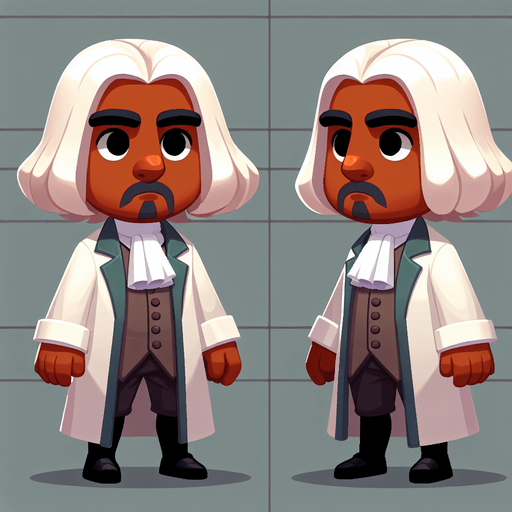 Newton in a white wig, full-length, cartoon style.
Single Game Texture. In-Game asset. 2d. Blank background. High contrast. No shadows.