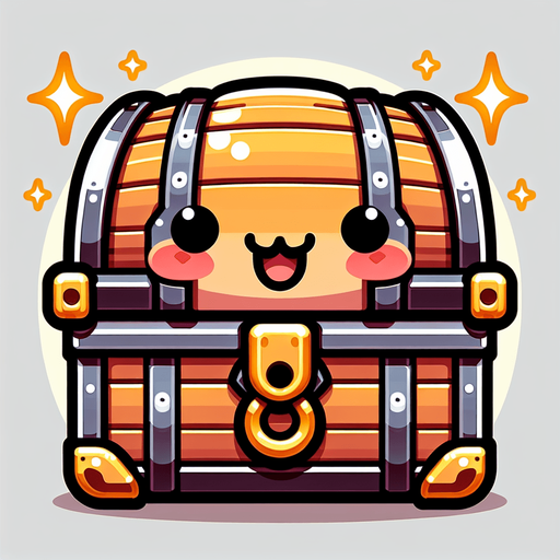 chibi treasure chest.
Single Game Texture.  In-Game asset.  2d.  Blank background.  High contrast.  No shadows