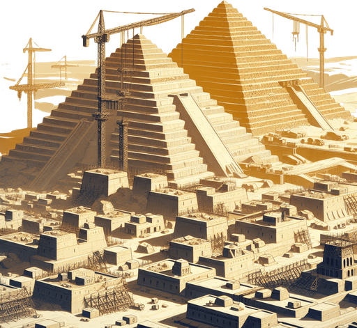 An animated image of an unfinished pyramid, with a label 'The building of the Pyramids of Giza.
Single Game Texture. In-Game asset. 2d. Blank background. High contrast. No shadows.