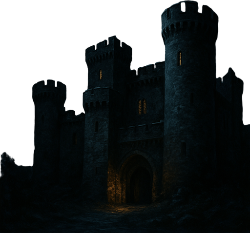 gece yarısı eski ve gerçekçi bir kale resmi.
In-Game asset.  2d.  High contrast
