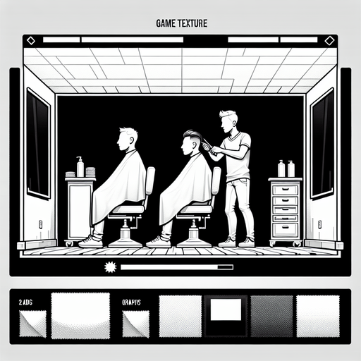 sandalyede oturan ve saçını kestirmeyi bekleyen bir müşteri.
Single Game Texture.  In-Game asset.  2d.  Blank background.  High contrast.  No shadows