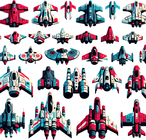 pack de starship, hero, nave espacial, de espalda, legendary galaxy starchip, colores vibrantes, colorida, colores rojo y balco, azul y blanco, negro y rojo, naves.
Single Game Texture. In-Game asset. 2d. Blank background. High contrast. No shadows.