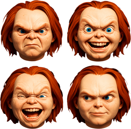 3D Scary and funny face meme chucky. different faces look. face only
In-Game asset.  3D.  High contrast.  No shadows. face only