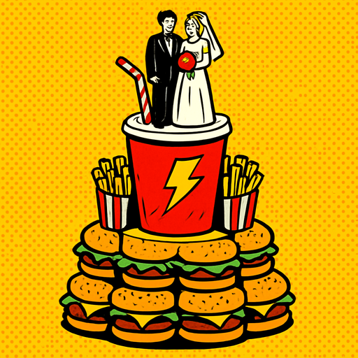 90s comic book style fast food style wedding cake.
In-Game asset.  2d.  High contrast.  No shadows